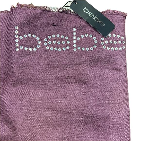 Bebe Cozy Soft Raw Edge Rhinestone Crystal Logo Scarf 68X20 Maroon Purple 68X20 - Picture 6 of 14
